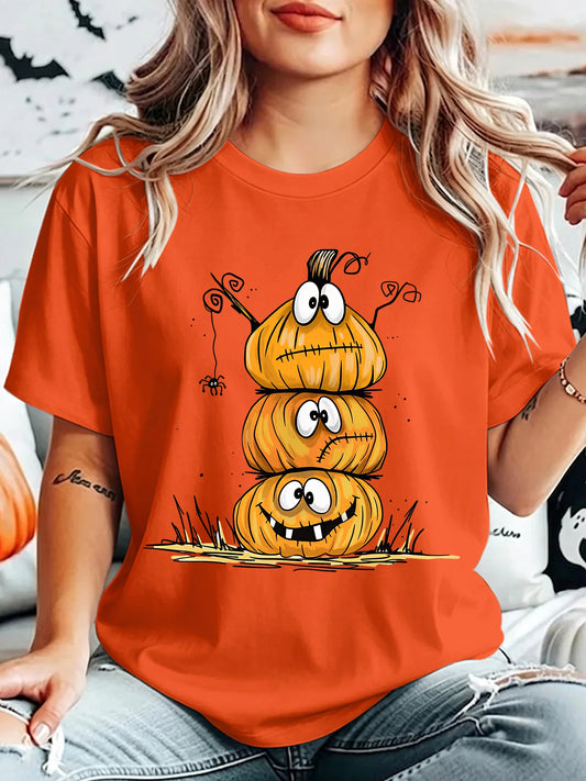 T-shirt Femme Col Rond Citrouille et Araignée – Tee-Shirt Graphique Halloween