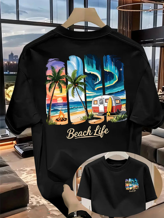 T-Shirt Beach Life Palmier & Van – Coton Casual Vacances-Vêtements-DrGliss SurfShop