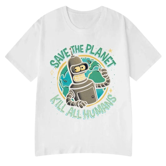 T-Shirt Robot Humour Sauvez la Planète – Coton Femme Été-Vêtements-DrGliss SurfShop