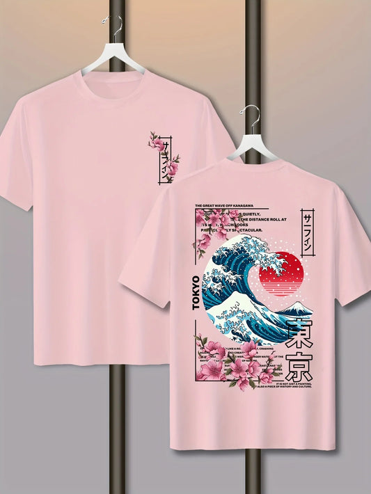 T-Shirt Vague Coucher de Soleil Tokyo – Coton Casual Homme Été-Vêtements-DrGliss SurfShop