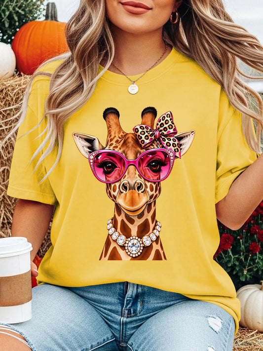 T-shirt Femme Col Rond Girafe Lunettes de Soleil – Tee-Shirt Graphique Décontracté