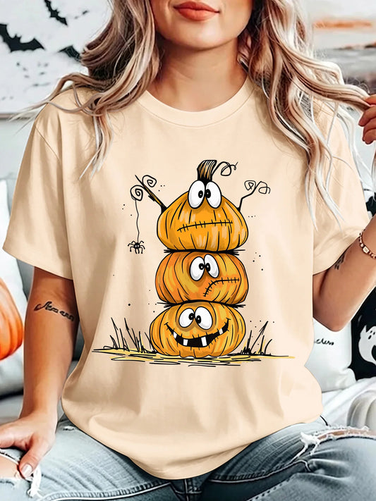 T-shirt Femme Col Rond Citrouille et Araignée – Tee-Shirt Graphique Halloween