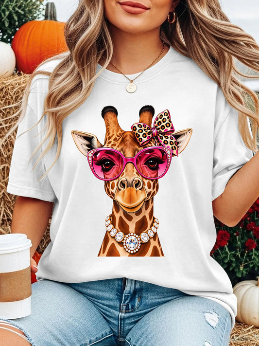T-shirt Femme Col Rond Girafe Lunettes de Soleil – Tee-Shirt Graphique Décontracté